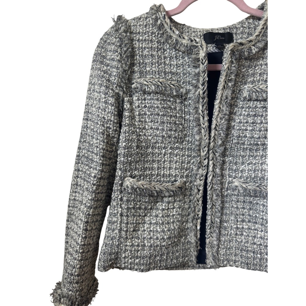 J.Crew Lady Jacket Black White Tweed Braided Trim Fringe Open Front Blazer 8 - Picture 5 of 7